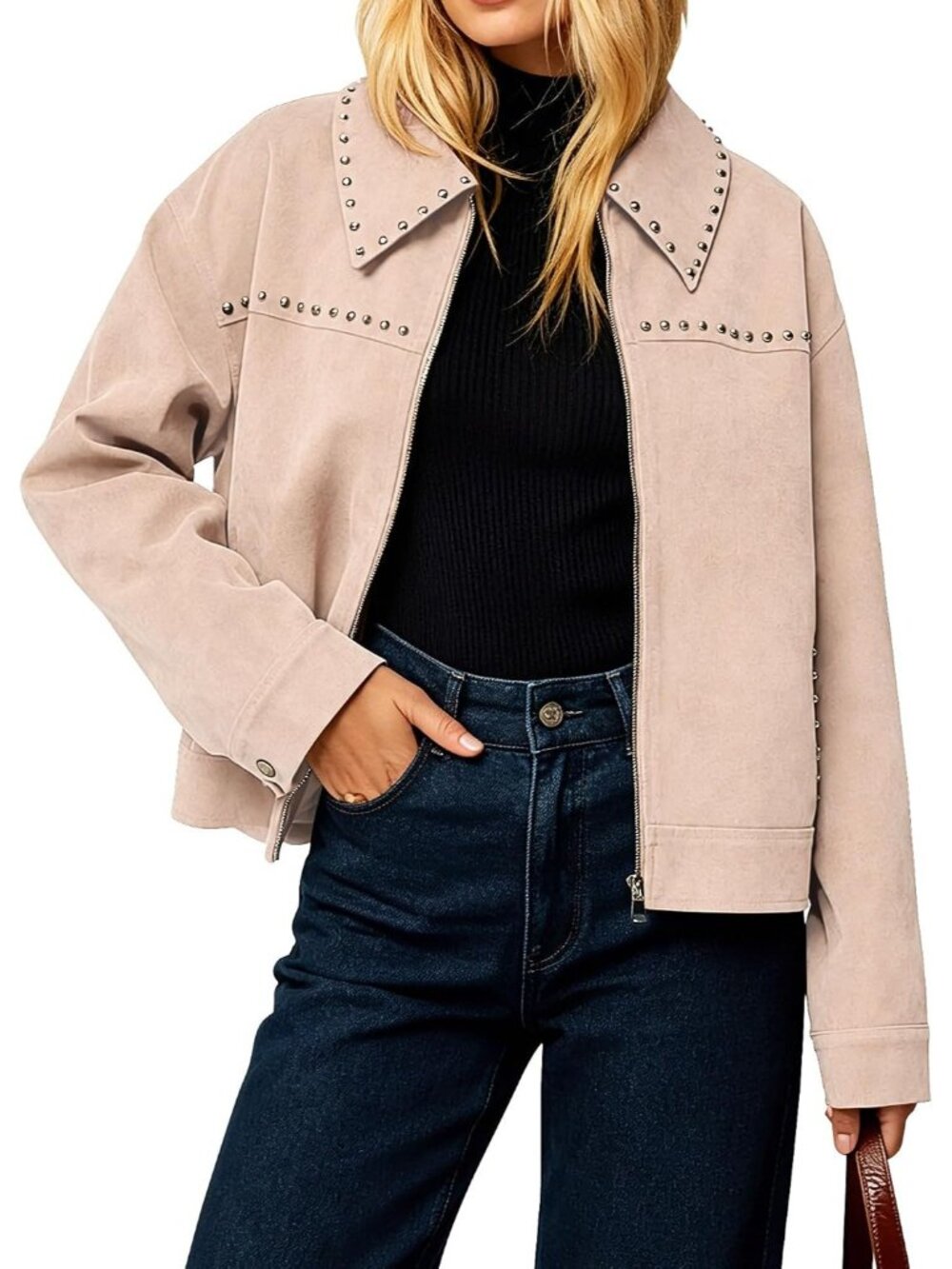 Women's Khaki Faux Suede Studded ZIP Up Lapel Collar Coat Cropped Jacket